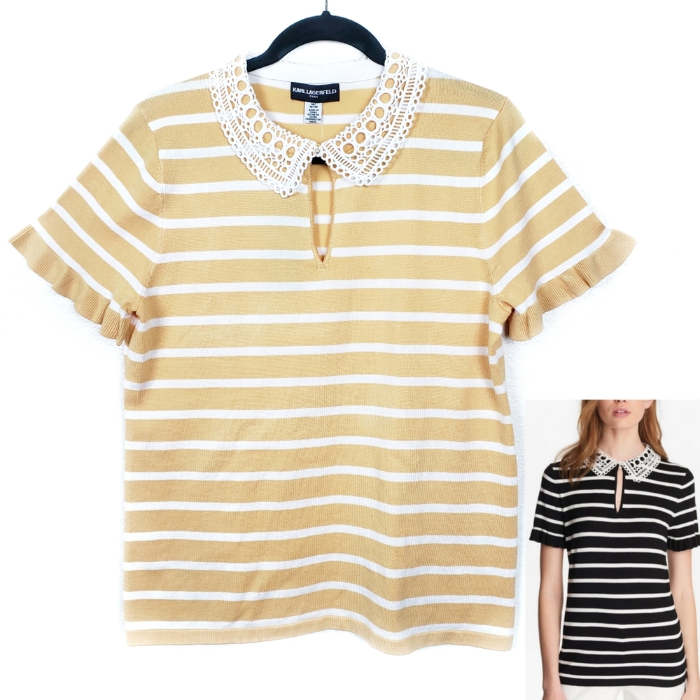 NWT KARL LAGERFELD Yellow Knit Striped Crochet Top Medium